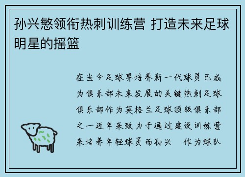 孙兴慜领衔热刺训练营 打造未来足球明星的摇篮